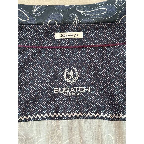Bugatchi Uomo Men's Large 100% Cotton Shaped Fit Navy Paisley Print Dress Shirt - Picture 7 of 9